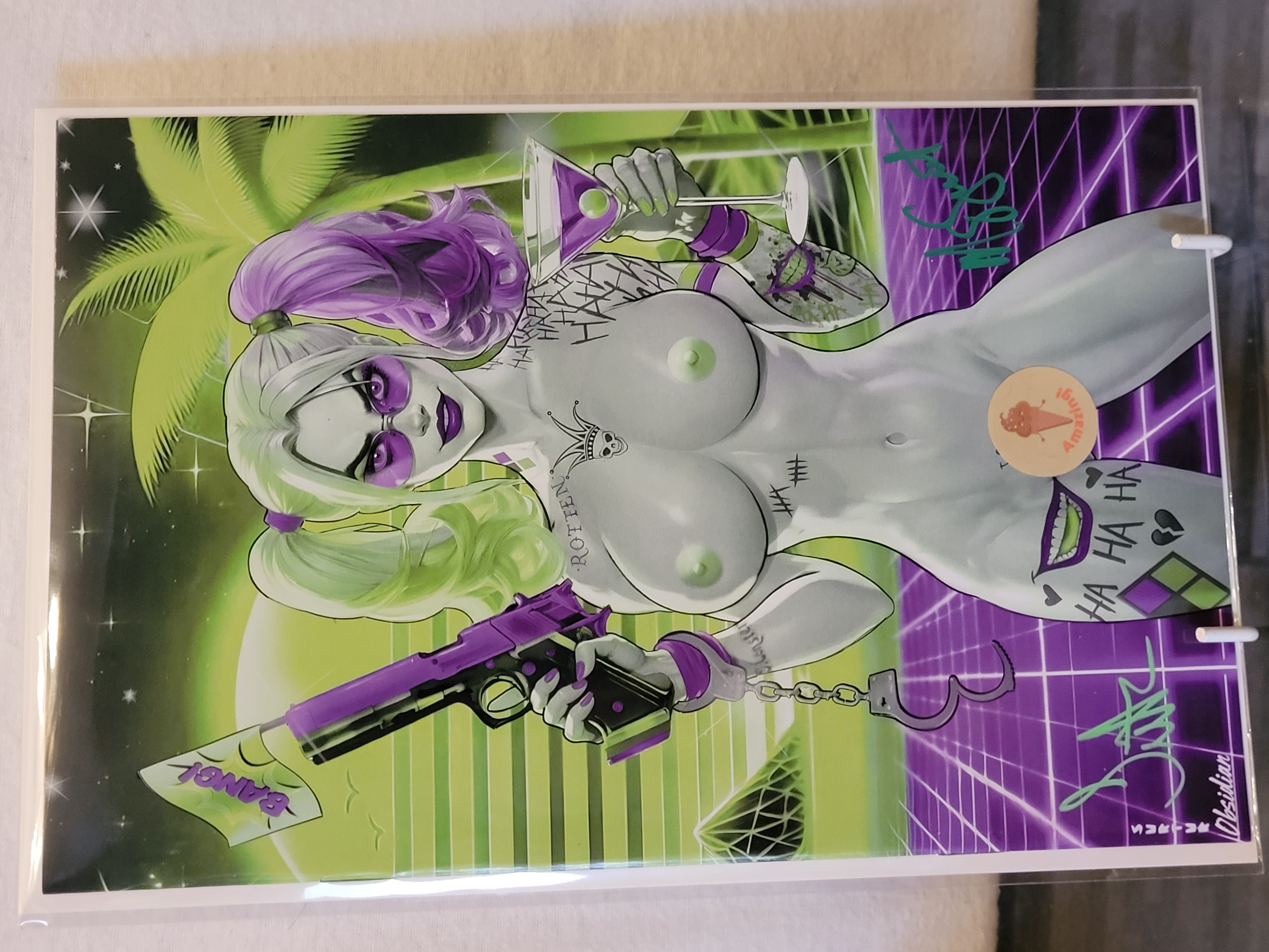 fright weaver harley quinn retro green full nude x2 signed w/coa
